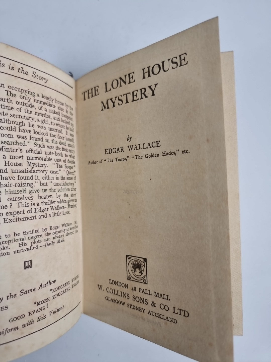 Edgar Wallace - The Lone House Mystery - 1929 Collins Pre First Edition Copy