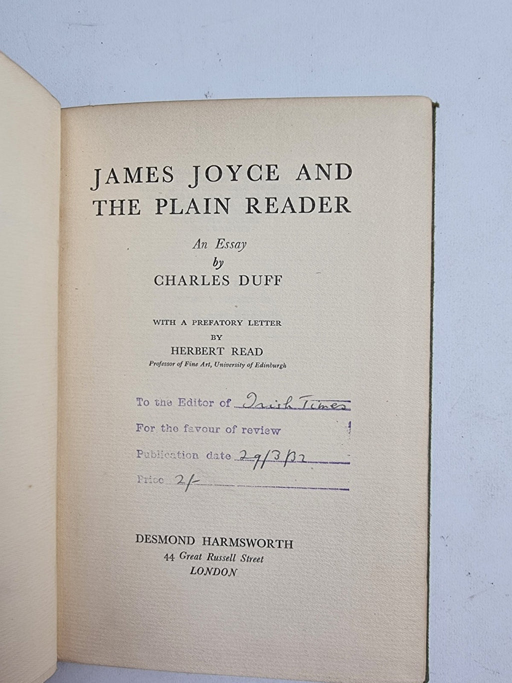James Joyce And The Plain Reader, Charles Duff — Review Copy, 1932