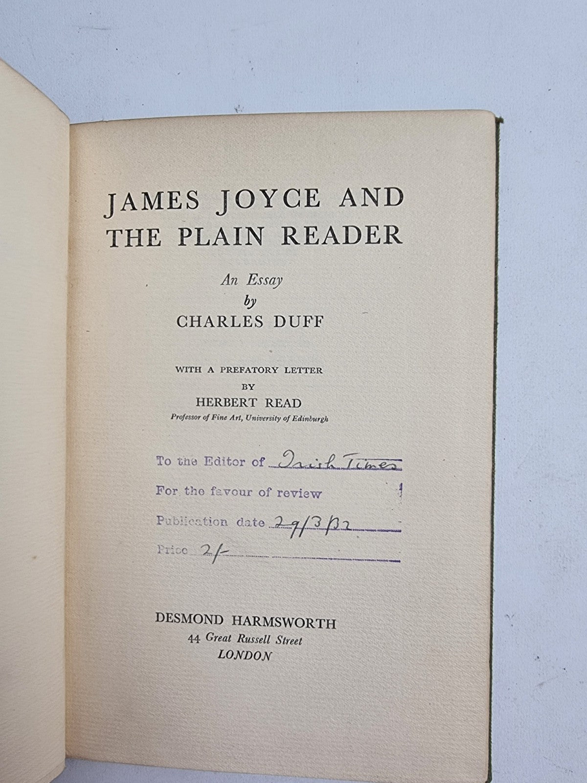 James Joyce And The Plain Reader, Charles Duff — Review Copy, 1932