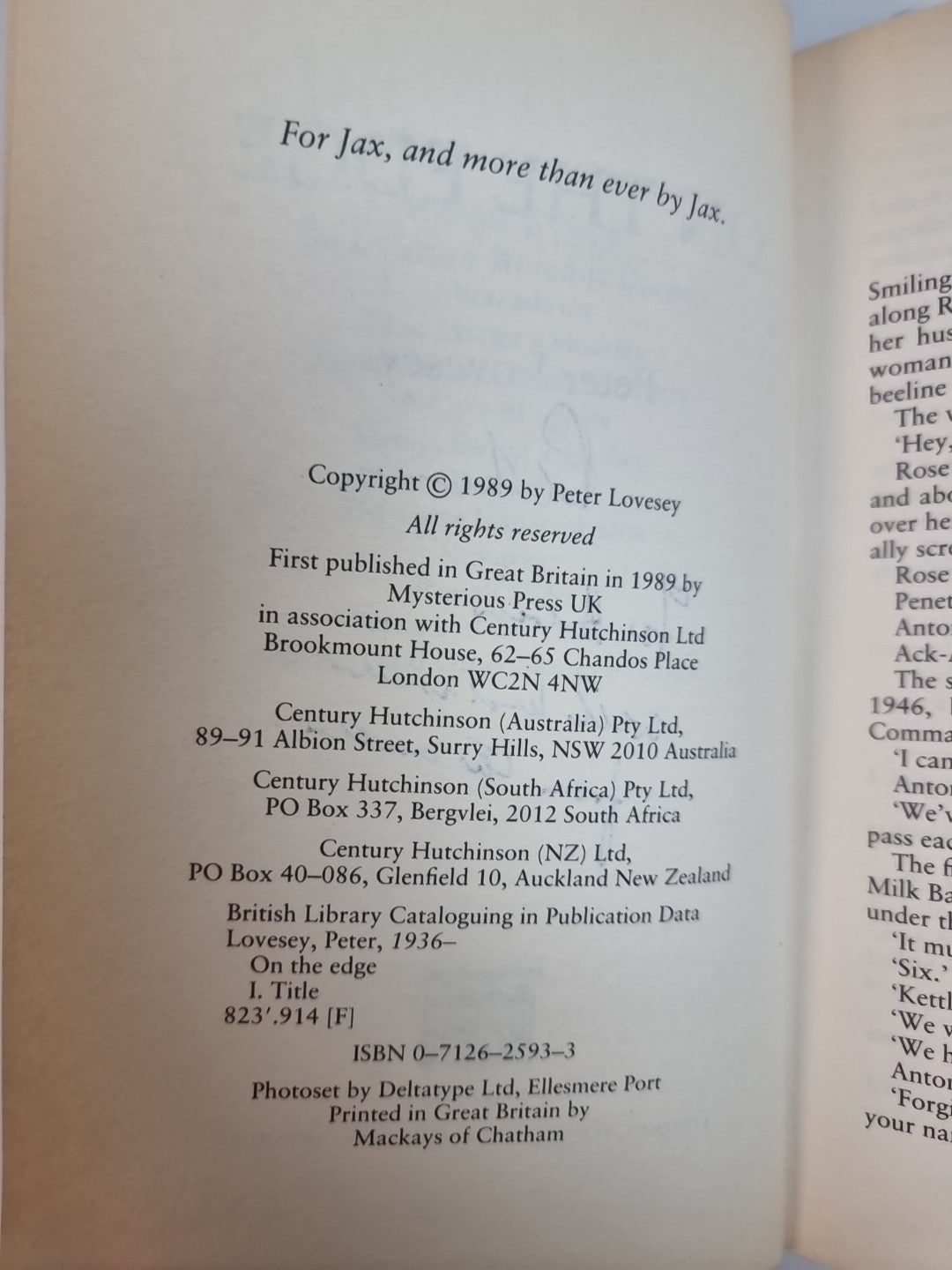 On the Edge, Lovesey, Peter Signed 1st edition New Free Delivery