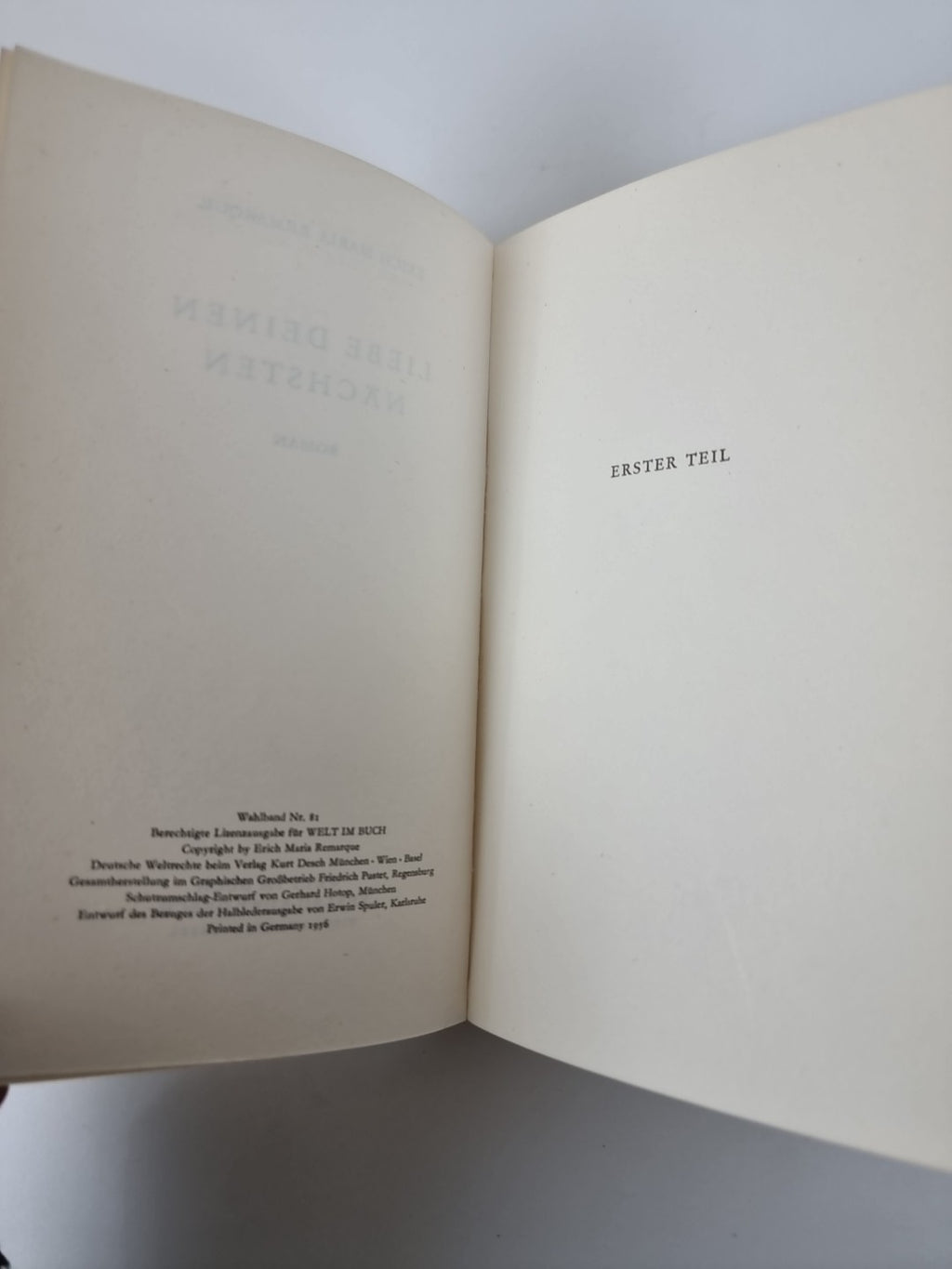 Liebe Deinen Nachsten, Erich Maria Remarque — First Edition, German