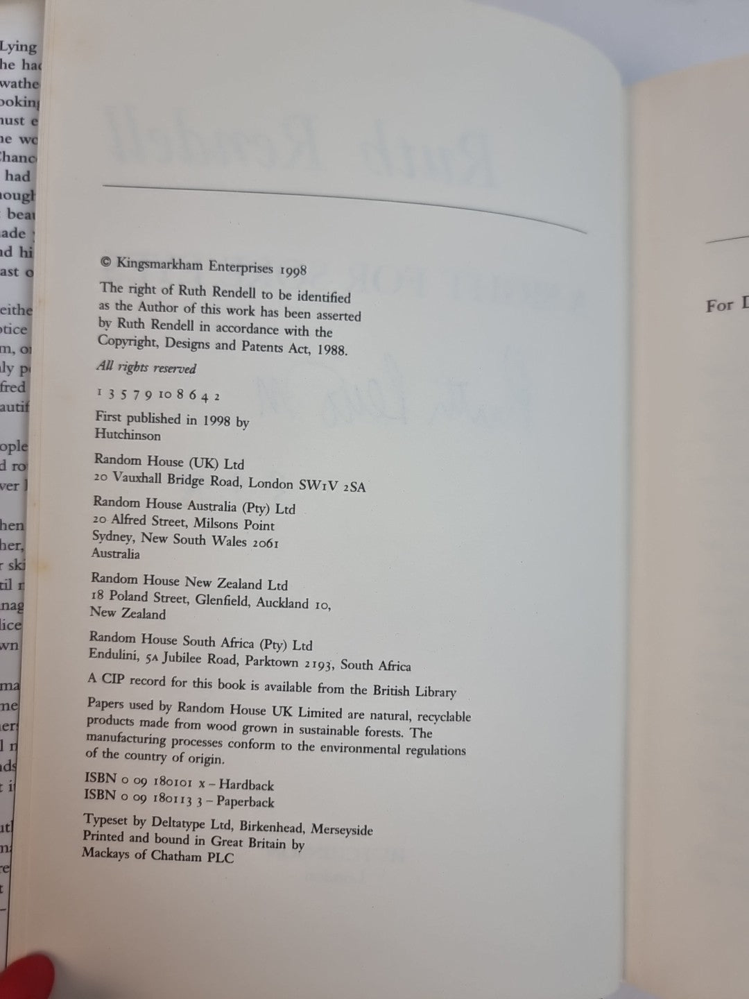 A Sight for Sore Eyes — Ruth Rendell, SIGNED AND DATED First Edition