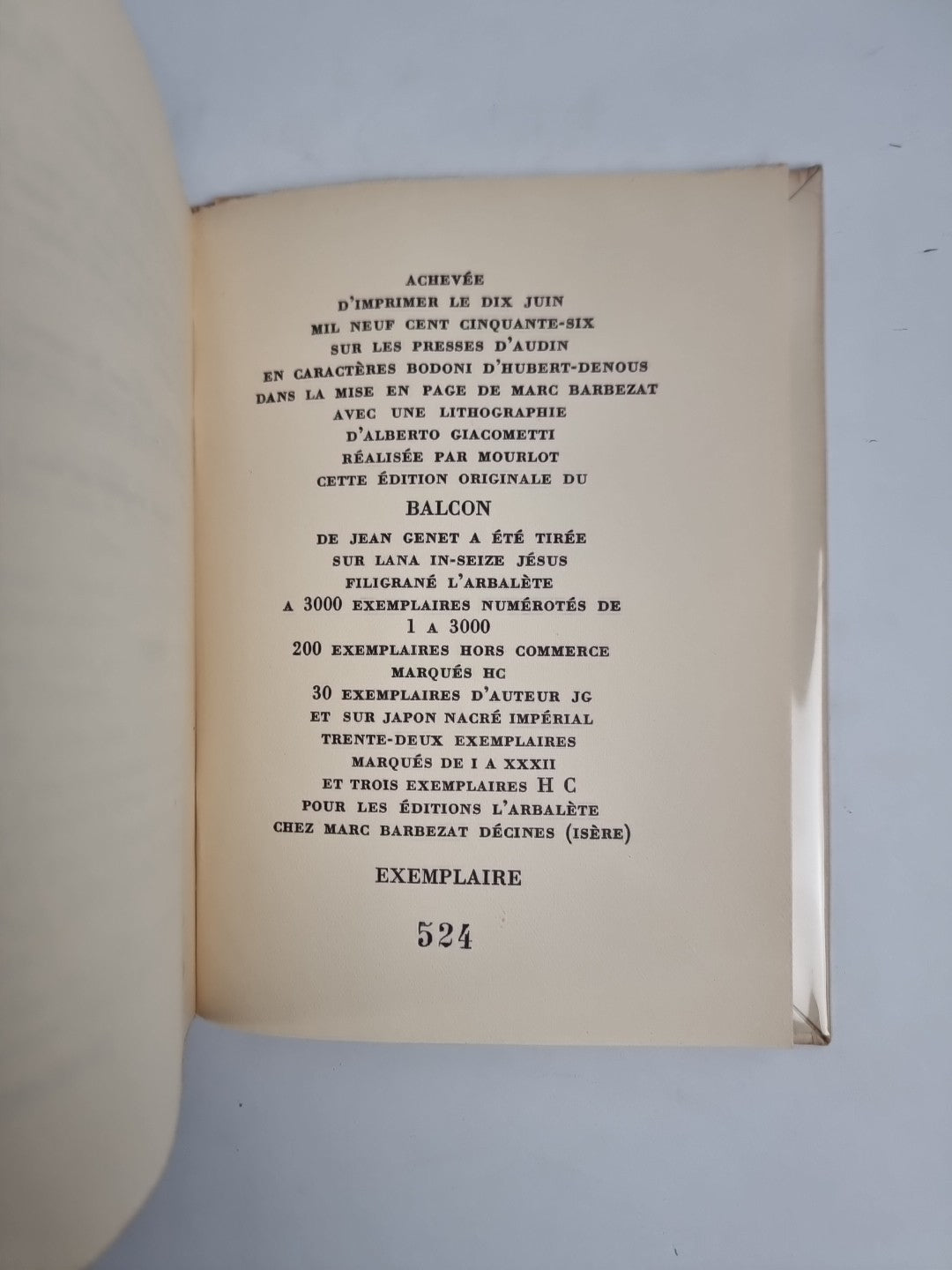 Le balcon by Jean Genet 1st Special Edition 1956 Number 524 /3233