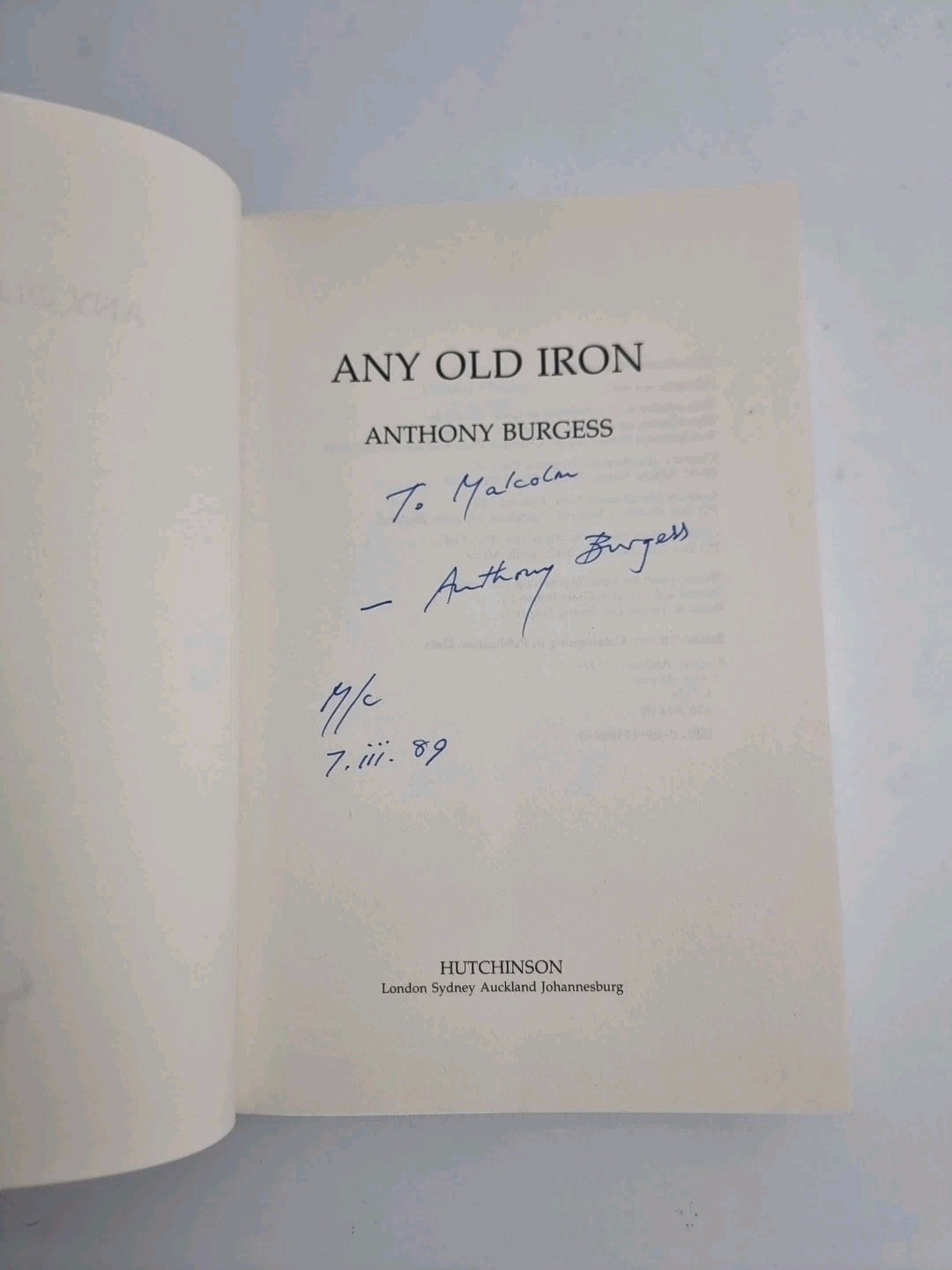Any Old Iron ANTHONY BURGESS Hutchinson 1989 SIGNED FIRST EDITION, New