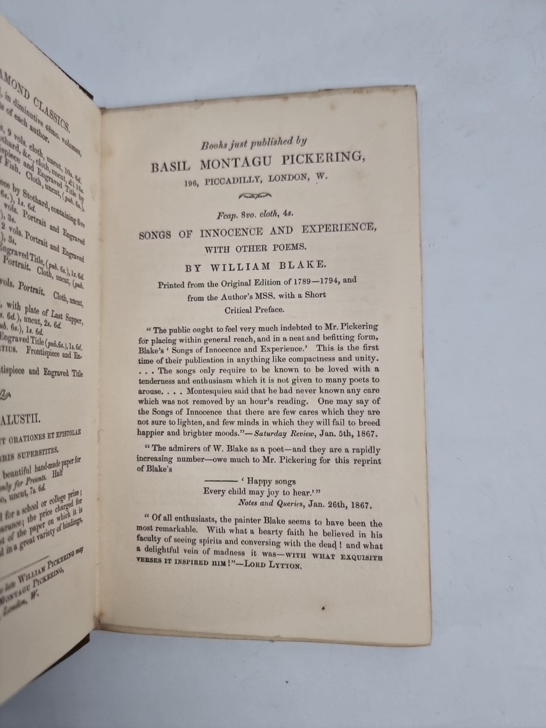 Songs of Innocence By Blake Pickering -Scarce, Unaltered Text, 1st Edition 1866