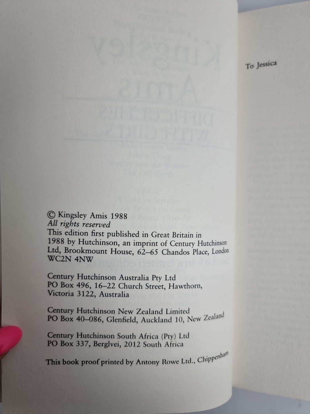 Difficulties with Girls-Kingsley Amis (Hardcover, 1988) Uncorrected proof 1/500