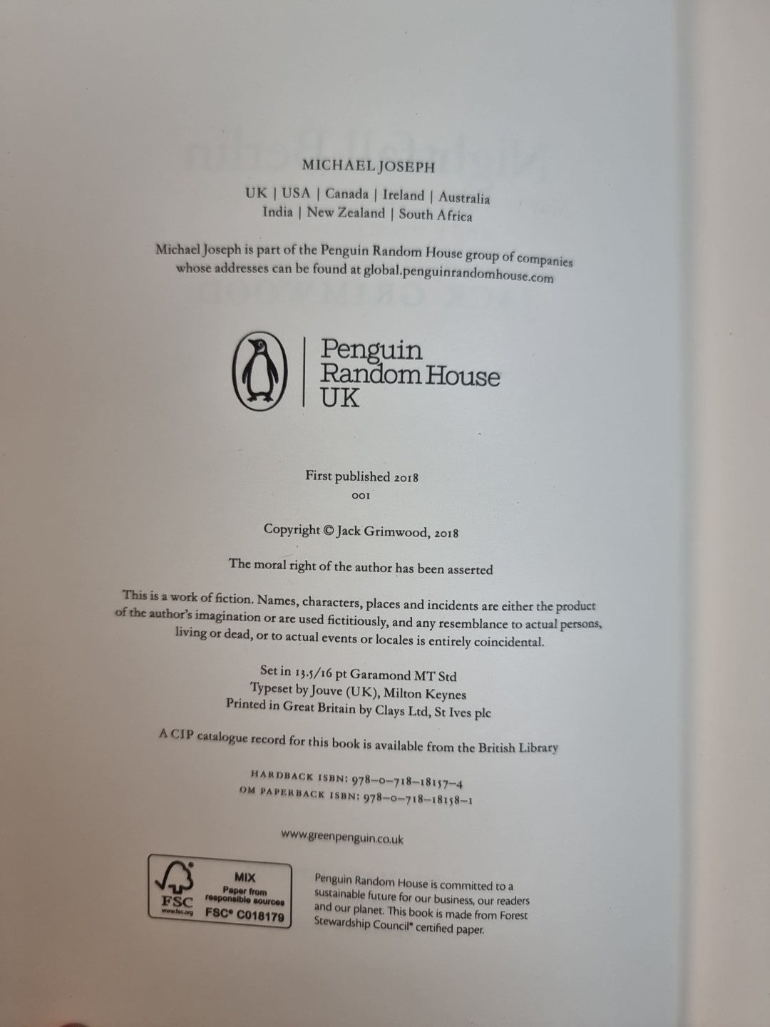 Nightfall Berlin Hardcover Jack Grimwood 1st Edition New Free Delivery