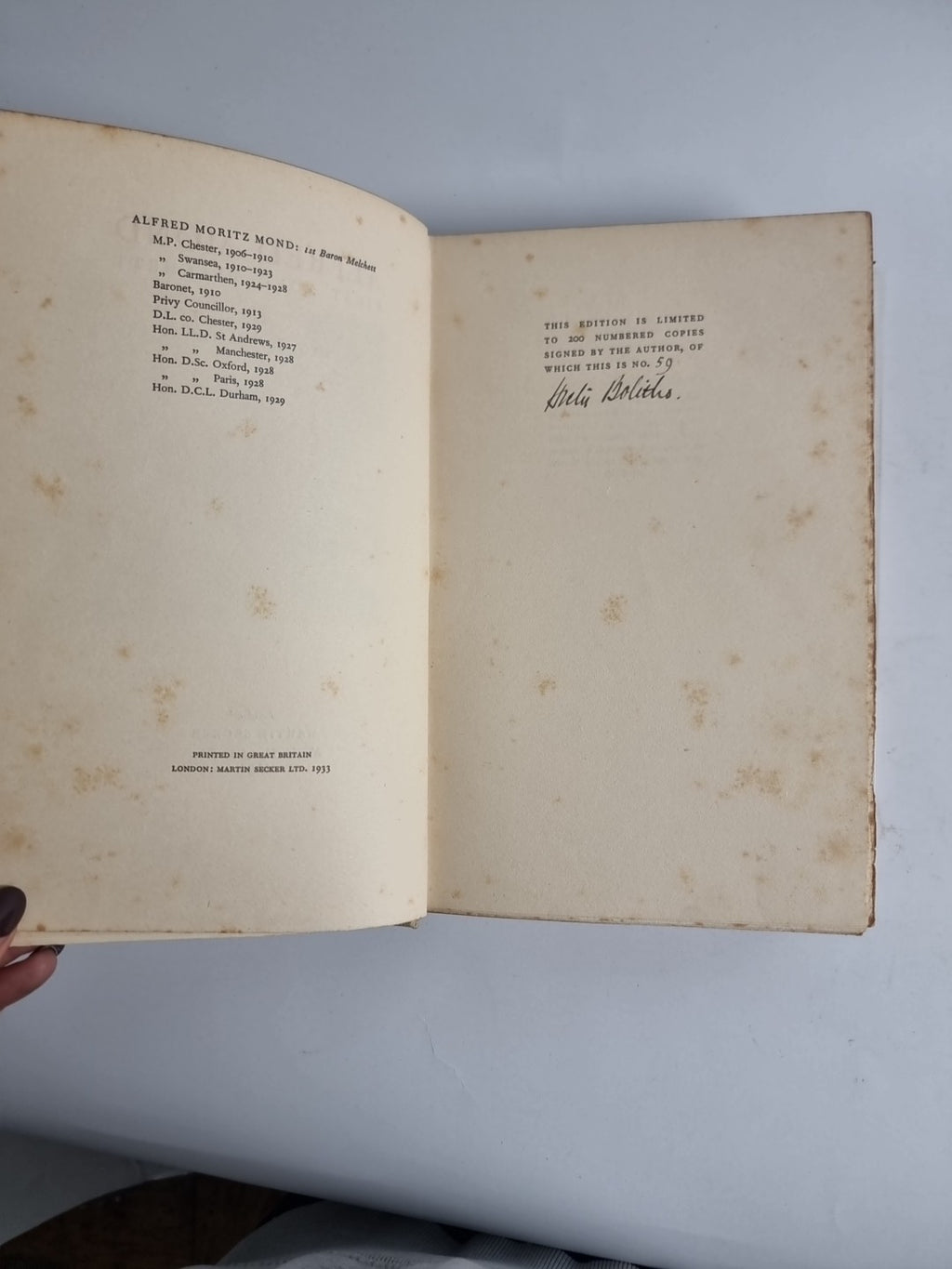 Alfred Mond, First Lord Melchett; Hector Bolitho — First, Limited, SIGNED