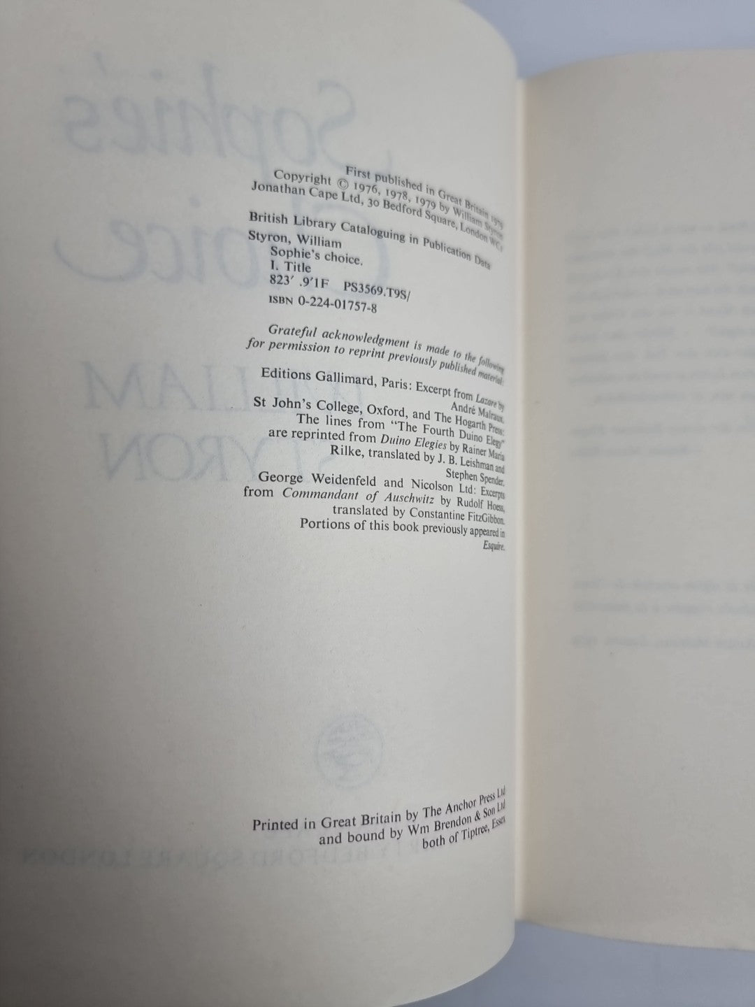 1979 Sophie's Choice William Styron First UK Edition