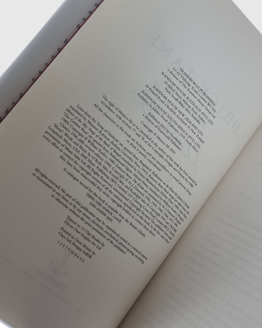 Brick Lane Monica Ali signed first edition vintage book inside view