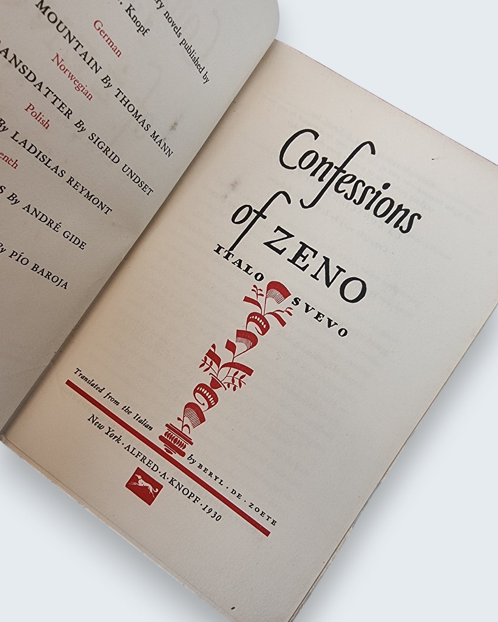 Confessions of Zeno Italo Svevo first edition vintage book title page