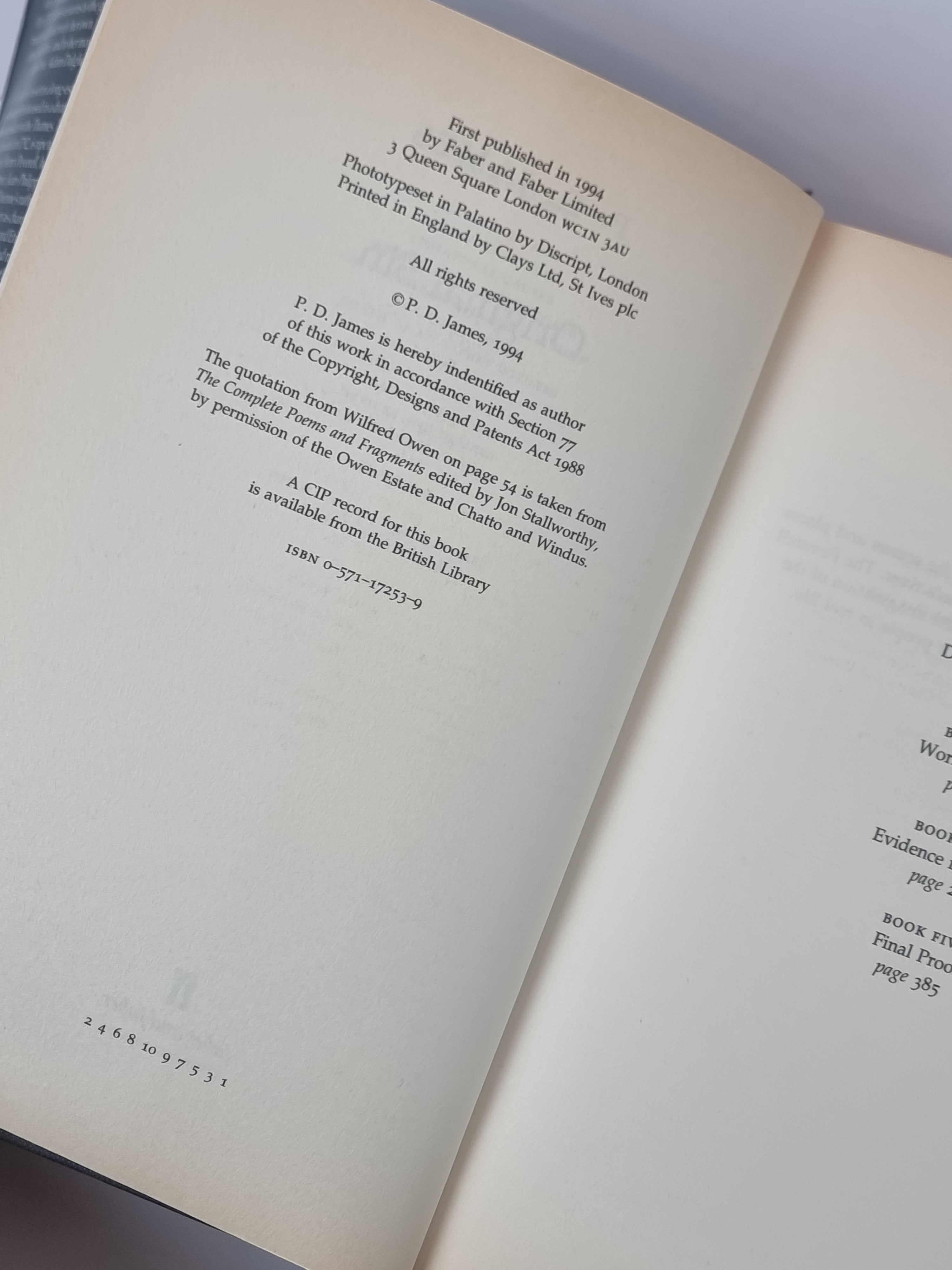 Original Sin P D James first edition vintage book copyright page