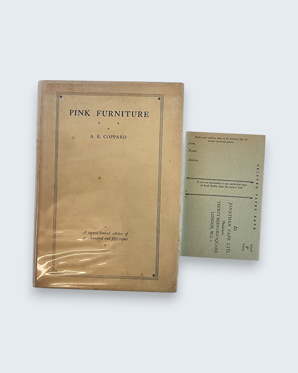 Pink Furniture A E Coppard signed limited edition vintage book front with form