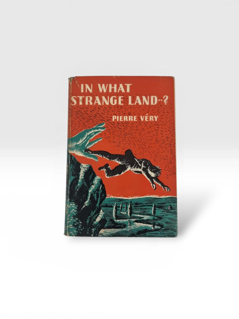 Broadhursts Books In What Strange Land...? Pierre Very 1st Edition book cover art with a falling man and a giant hand.
