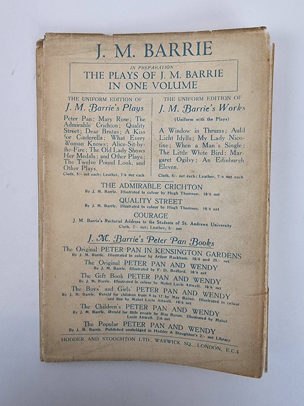 Peter Pan (The Plays of J. M. Barrie) — 1st Edition
