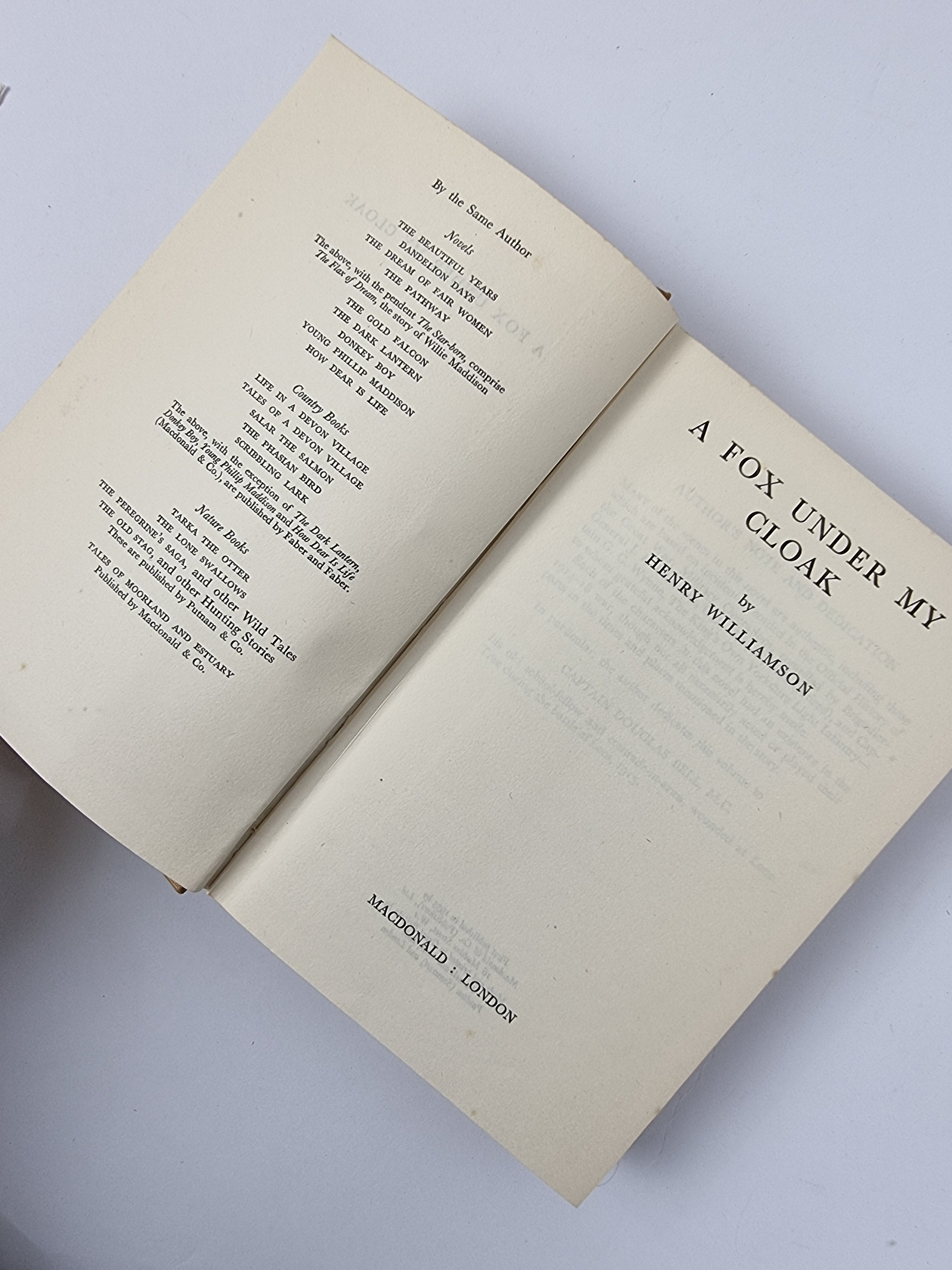 A Fox Under My Cloak, Henry Williamson — 1st Edition/Printing