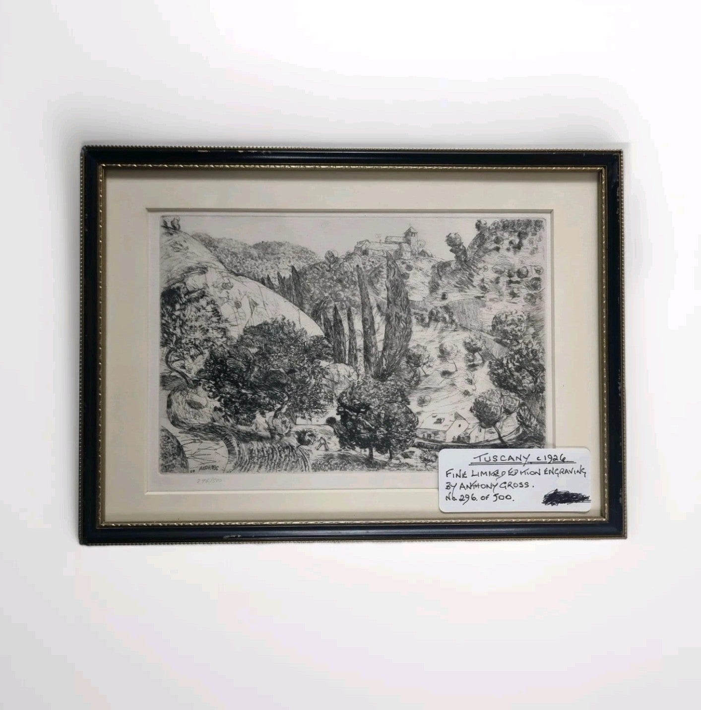 Anthony Gross Etching, Framed - Tuscany - (1926)  Numbered 296/500