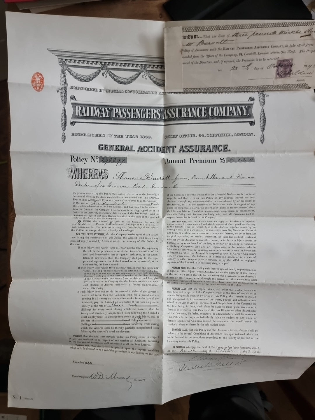 Railway 1893 Passenger Insurance policy with stamped Receipt And Ticket 