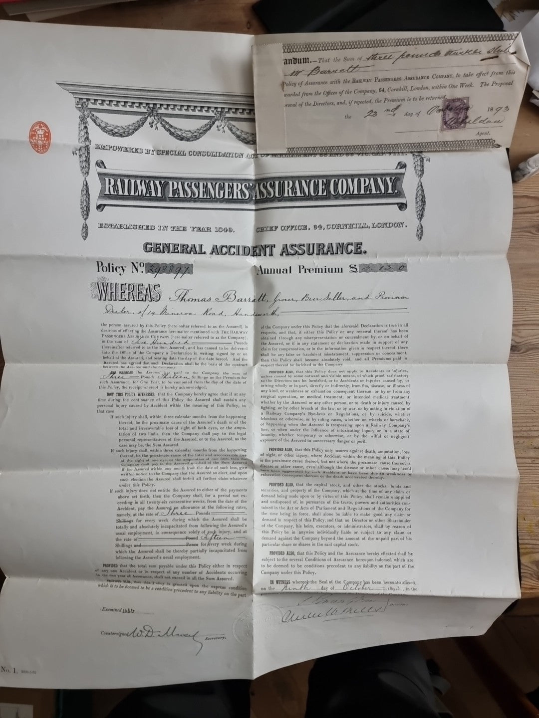 Railway 1893 Passenger Insurance policy with stamped Receipt And Ticket 