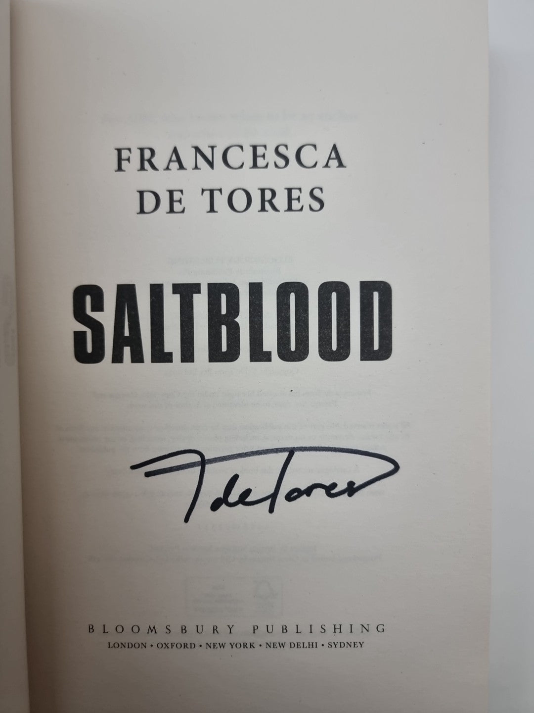 Saltblood Francesca De Tores Hardback 1st Edition Signed