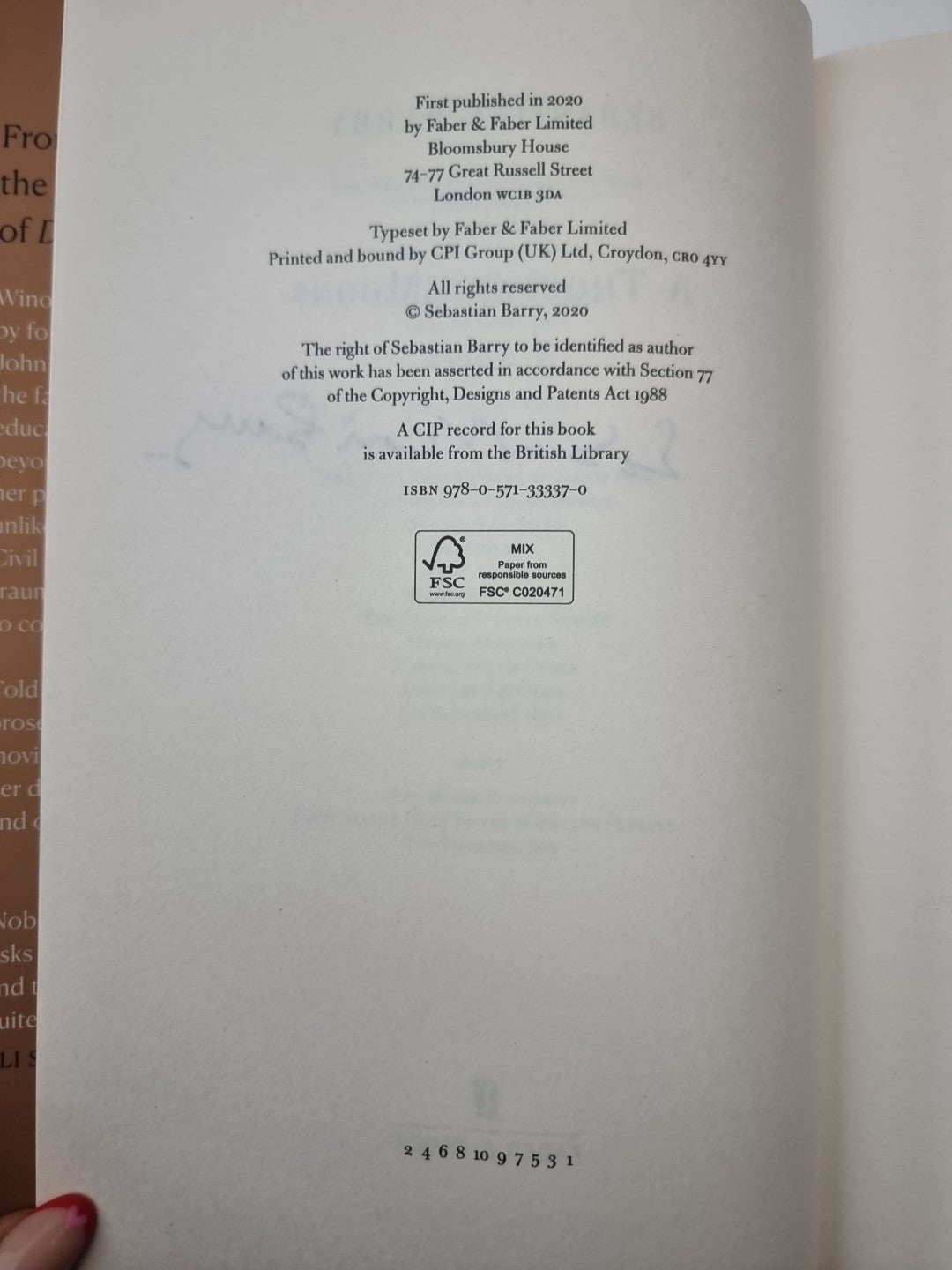 Barry, Sebastian : A Thousand Moons 1st Edition Signed 