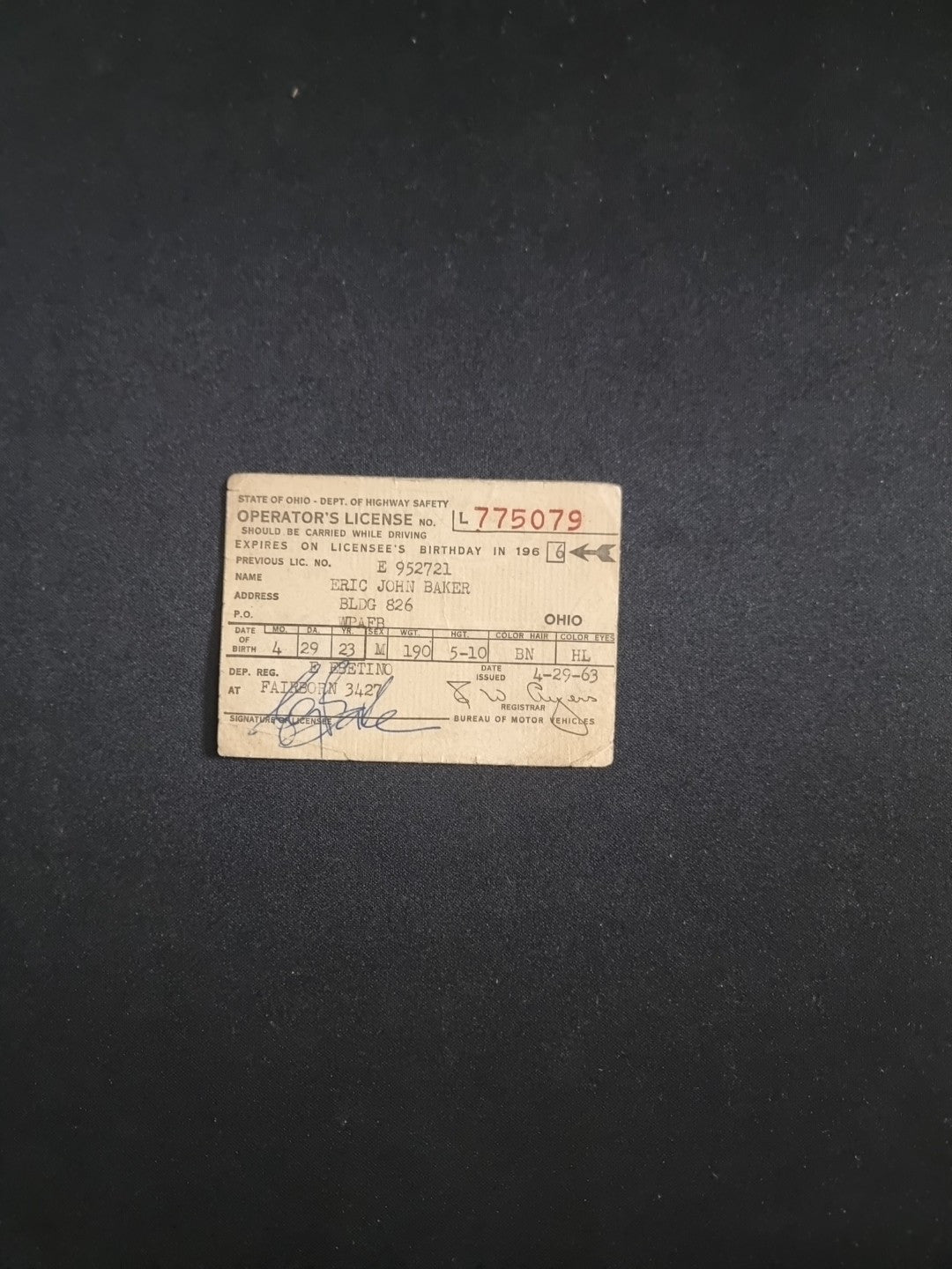 Vintage 1963 Ohio Vehicle Registration Auto Driver's License Card New