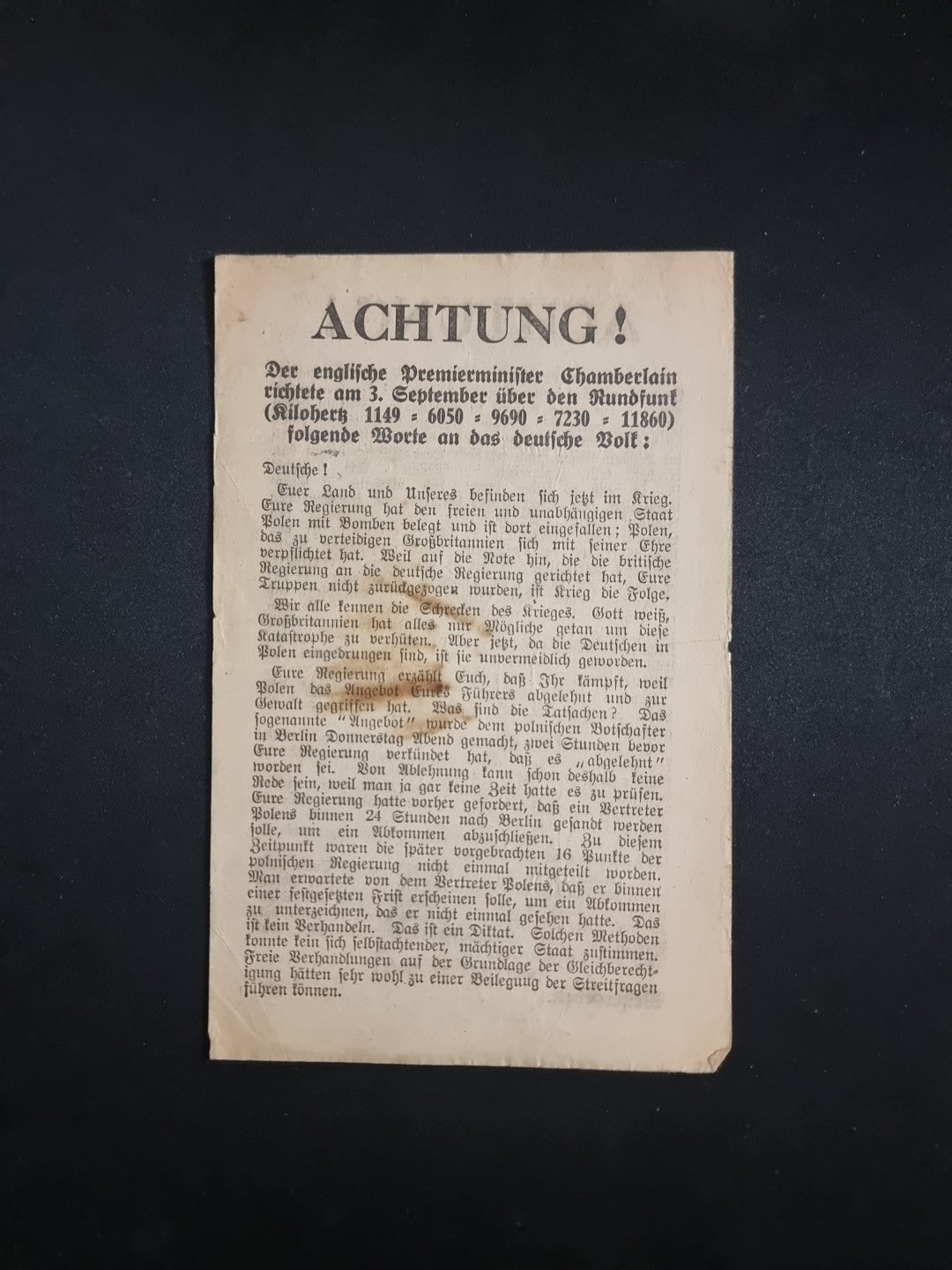 WW2 British Leaflet Dropped by The RAF on Germany in The First Weeks of The War