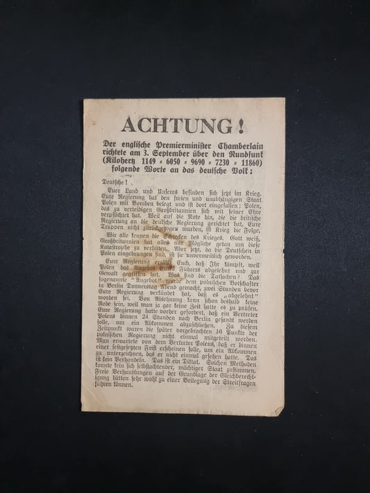 WW2 British Leaflet Dropped by The RAF on Germany in The First Weeks of The War