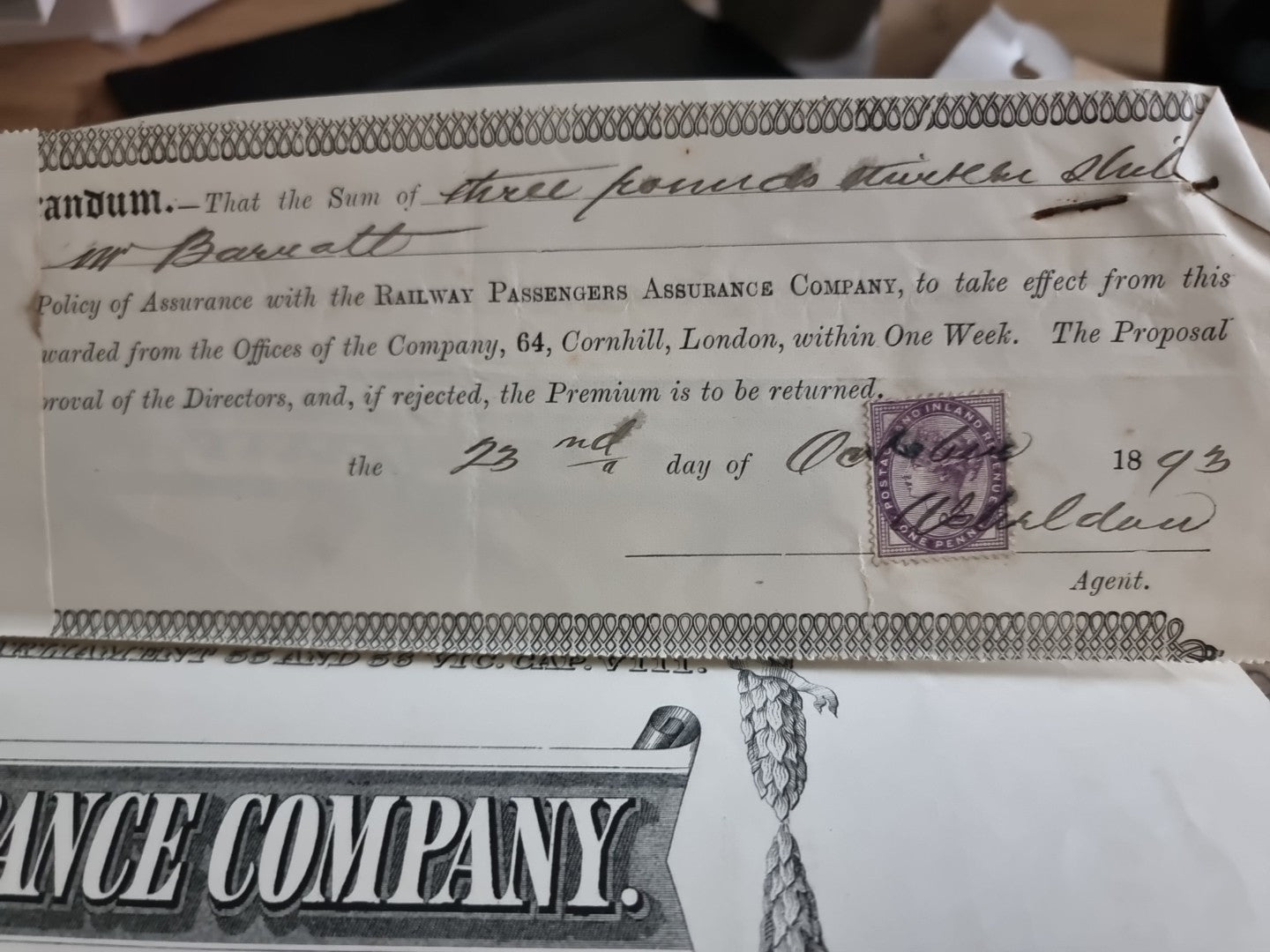 Railway 1893 Passenger Insurance policy with stamped Receipt And Ticket 